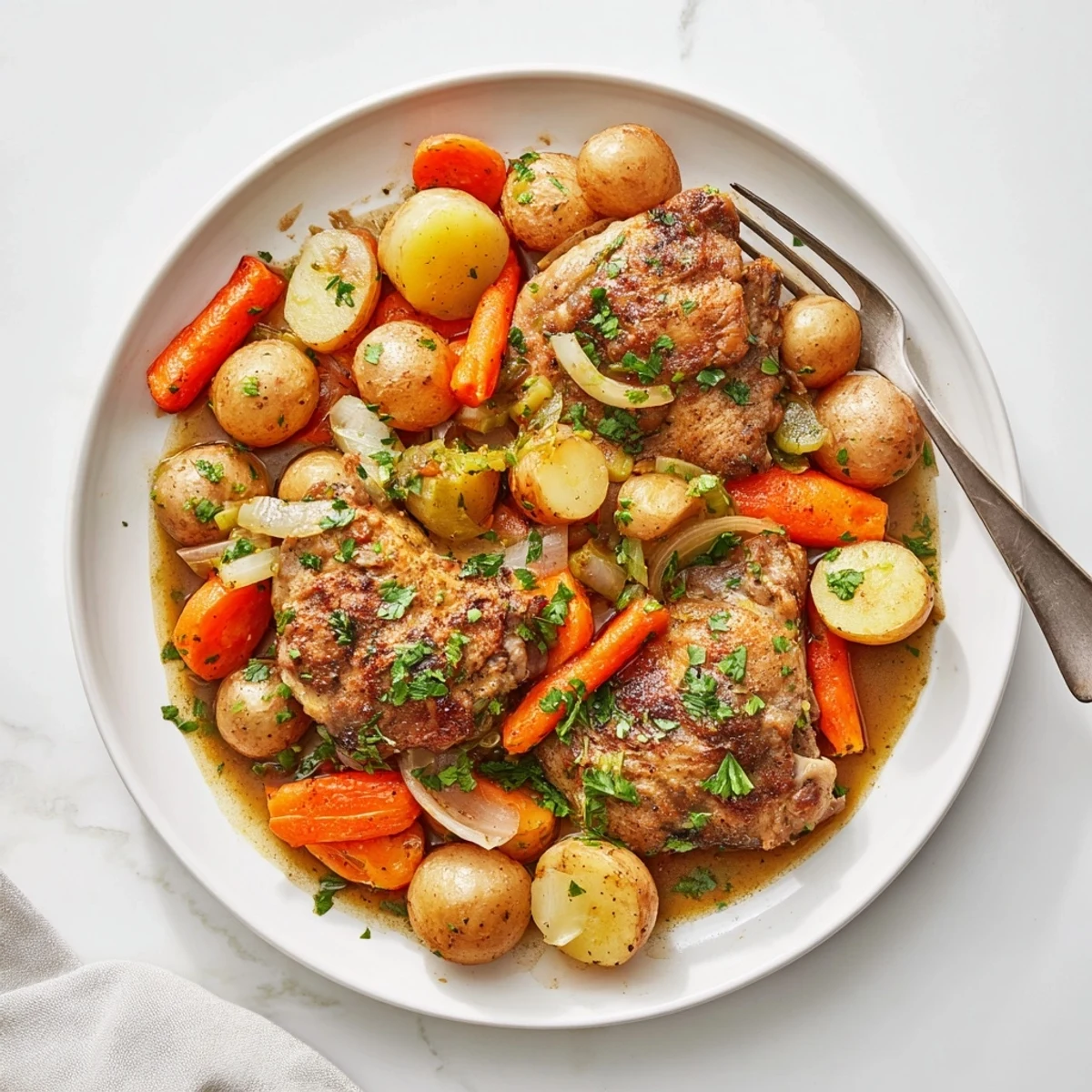 Healthy Savory Slow Cooker Chicken garnished with fresh parsley and served alongside fluffy quinoa.