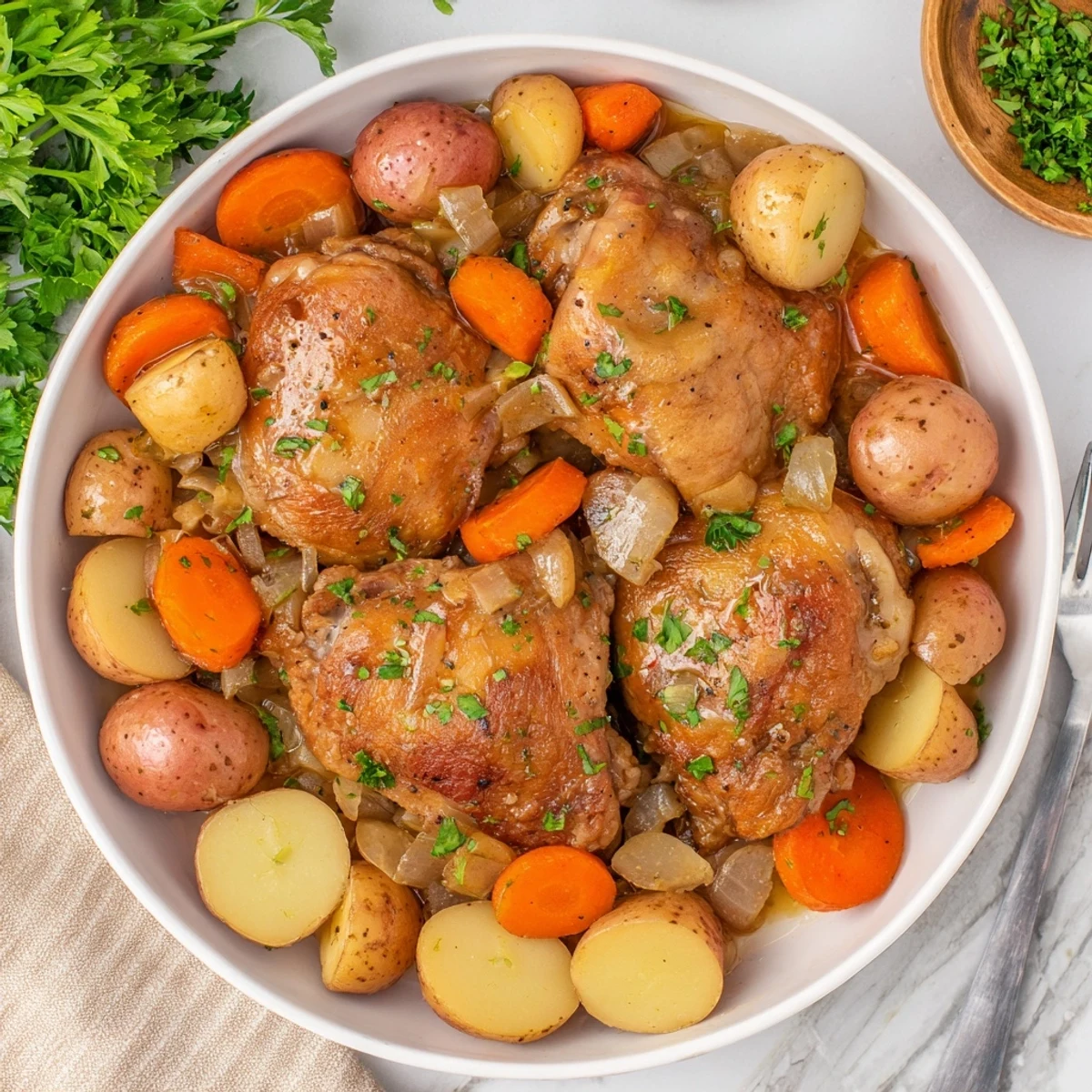 Healthy Savory Slow Cooker Chicken simmered in a rich broth with aromatic herbs and potatoes.