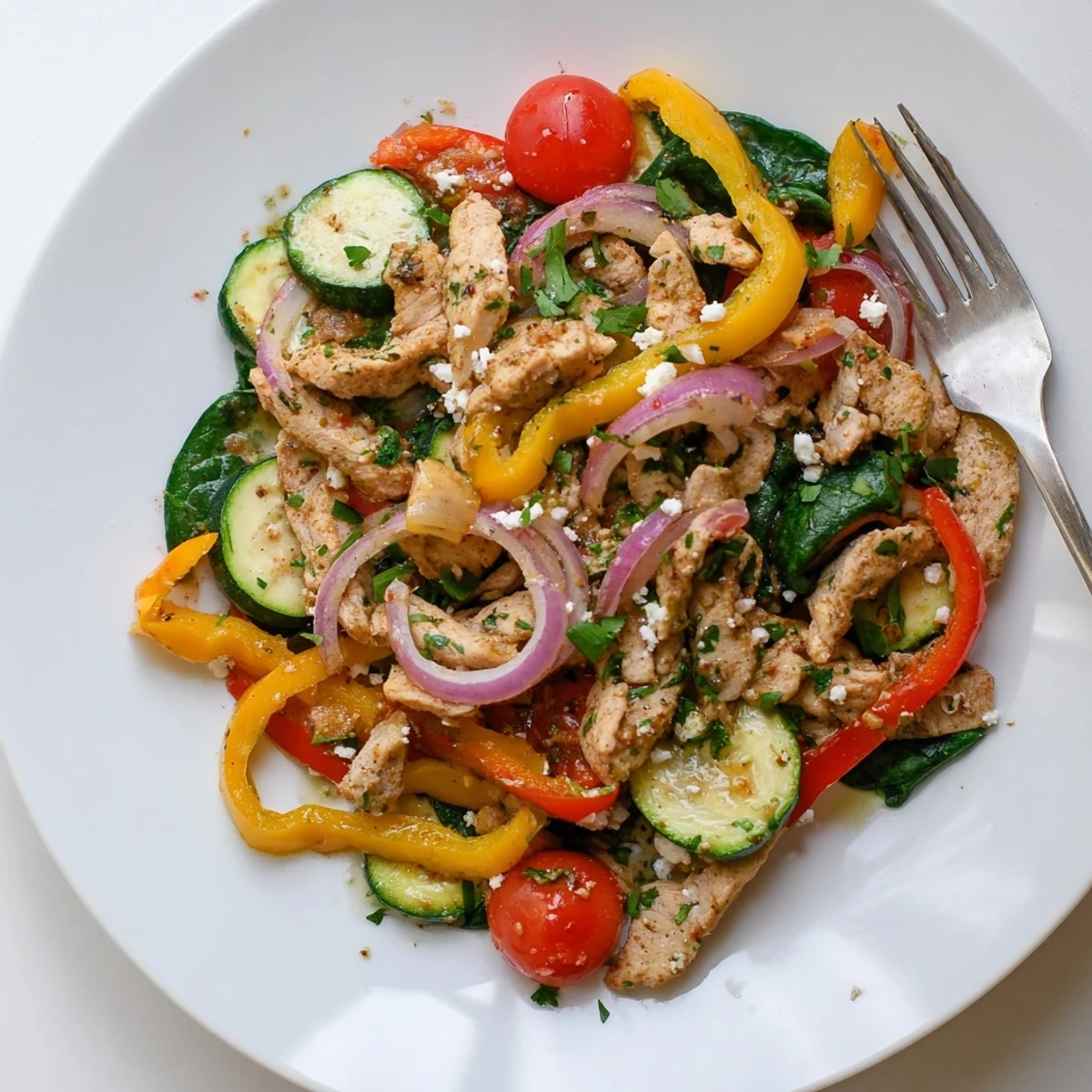 Bright Mediterranean Chicken Stir Fry with tender chicken and vibrant red and yellow bell peppers in a skillet.