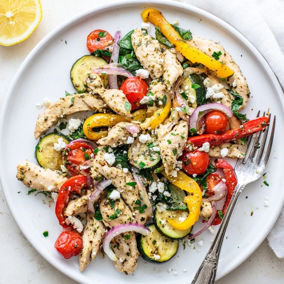 Mediterranean Chicken Stir Fry served over fluffy quinoa, garnished with feta and fresh parsley for a healthy meal.