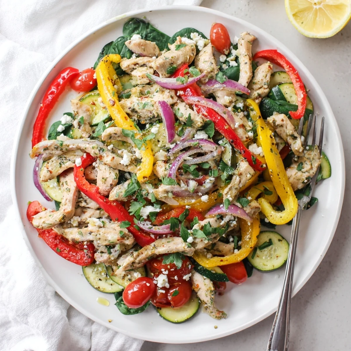 Sizzling Mediterranean Chicken Stir Fry featuring juicy chicken, zucchini, and cherry tomatoes tossed in a lemony sauce.