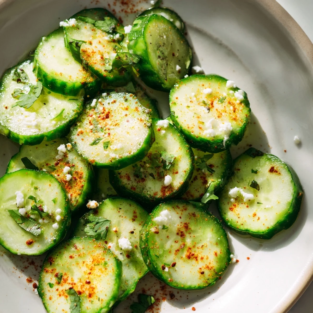 Freshly sliced cucumbers in Mexican Style Cucumbers tossed with zesty lime juice and red chili powder.