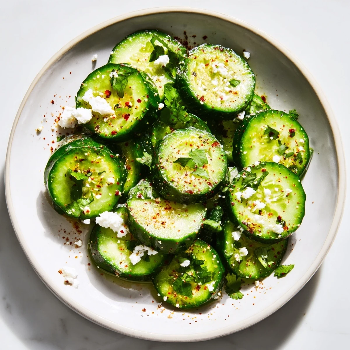 Mexican Style Cucumbers garnished with cilantro and cotija cheese, served in a rustic bowl.