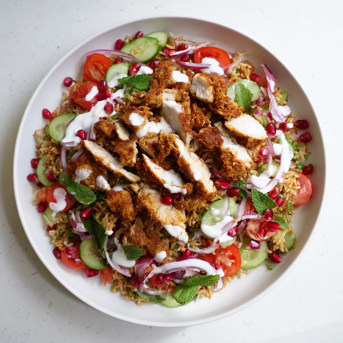 A close-up of Chicken Shawarma Crispy Rice Salad with golden rice cubes, grilled chicken, and creamy yogurt-tahini drizzle.