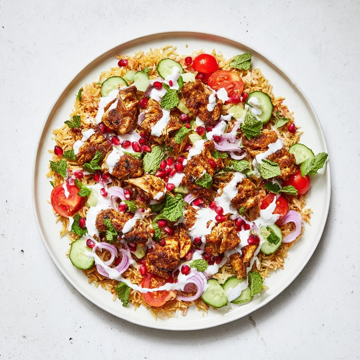 Serving plate of Chicken Shawarma Crispy Rice Salad with fork ready, featuring warm shawarma spices and crunchy textures.