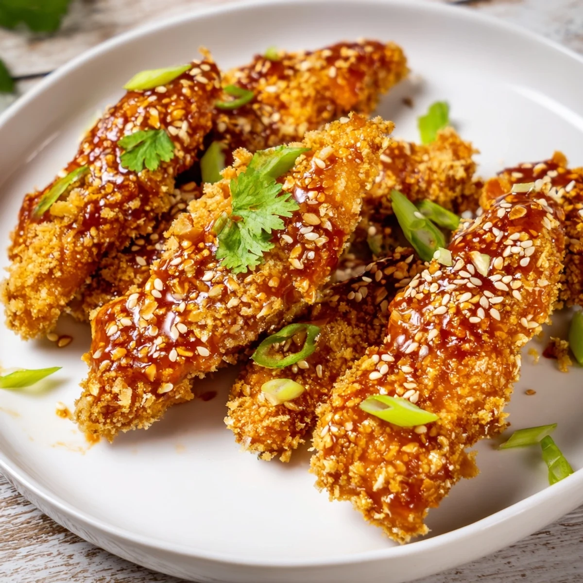 Crispy Thai Sticky Chicken Fingers glistening with sauce on a platter, garnished with sesame seeds and green onions.