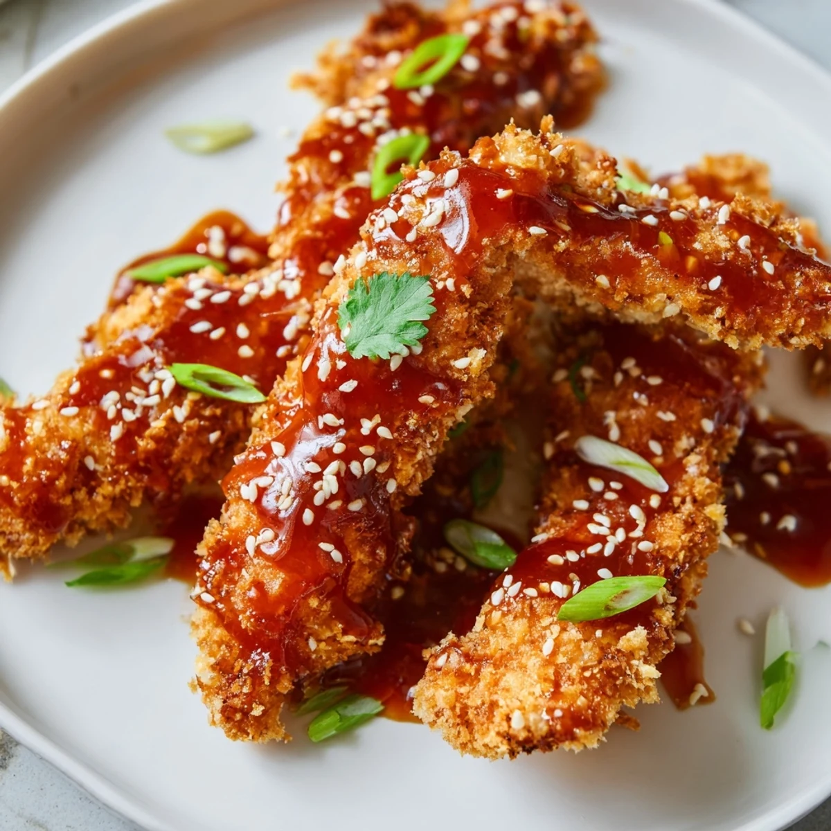 Baked Thai Sticky Chicken Fingers arranged on a serving dish, perfect for sharing with jasmine rice and fresh veggies.