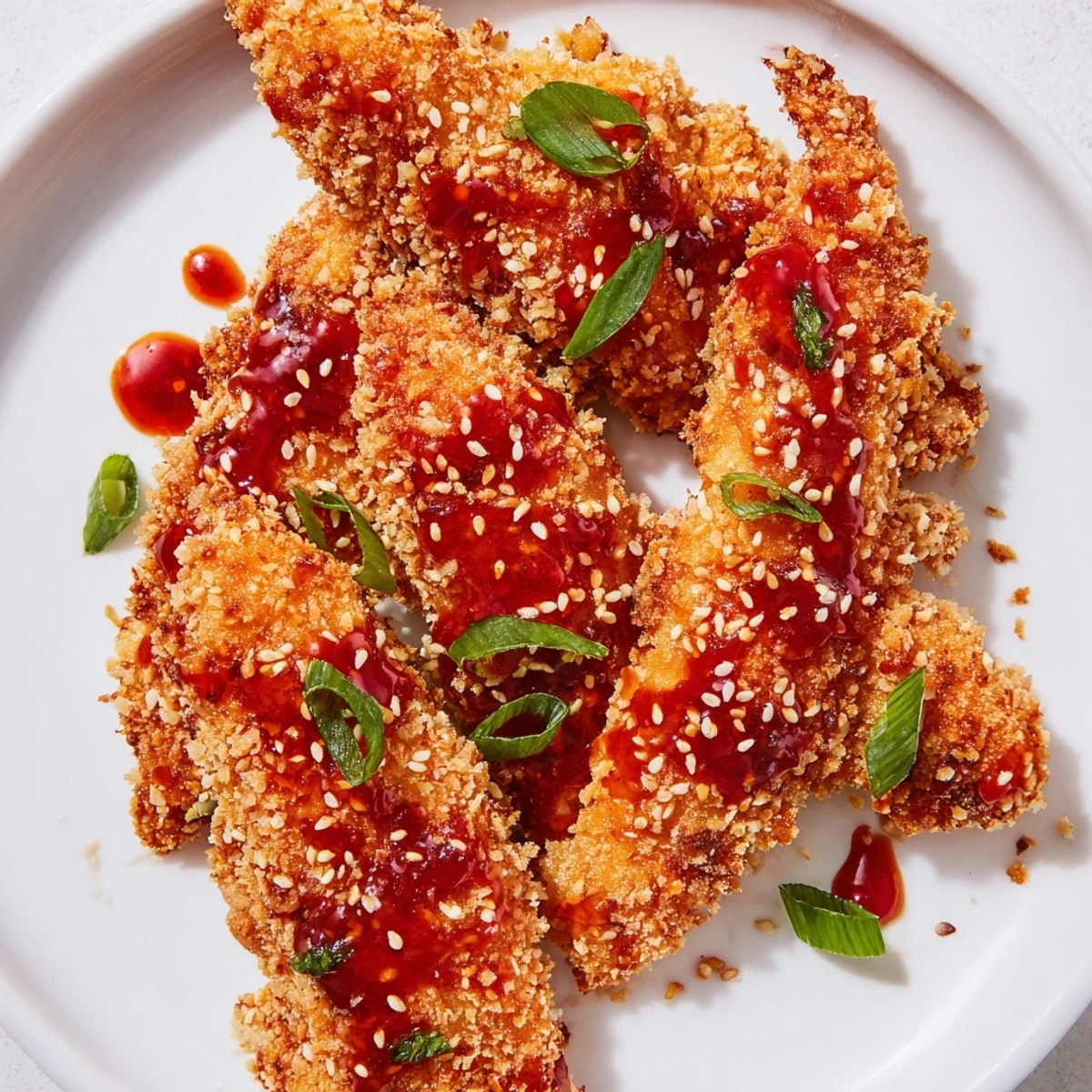 Glossy Thai Sticky Chicken Fingers coated in sweet spicy sauce, topped with cilantro and sesame seeds for appetizer.