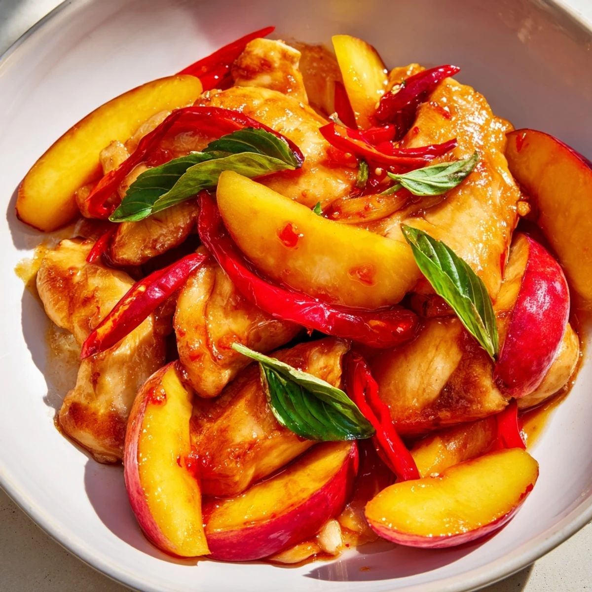 Vibrant Thai peach chicken stir fry garnished with fresh basil lime wedges and roasted peanuts