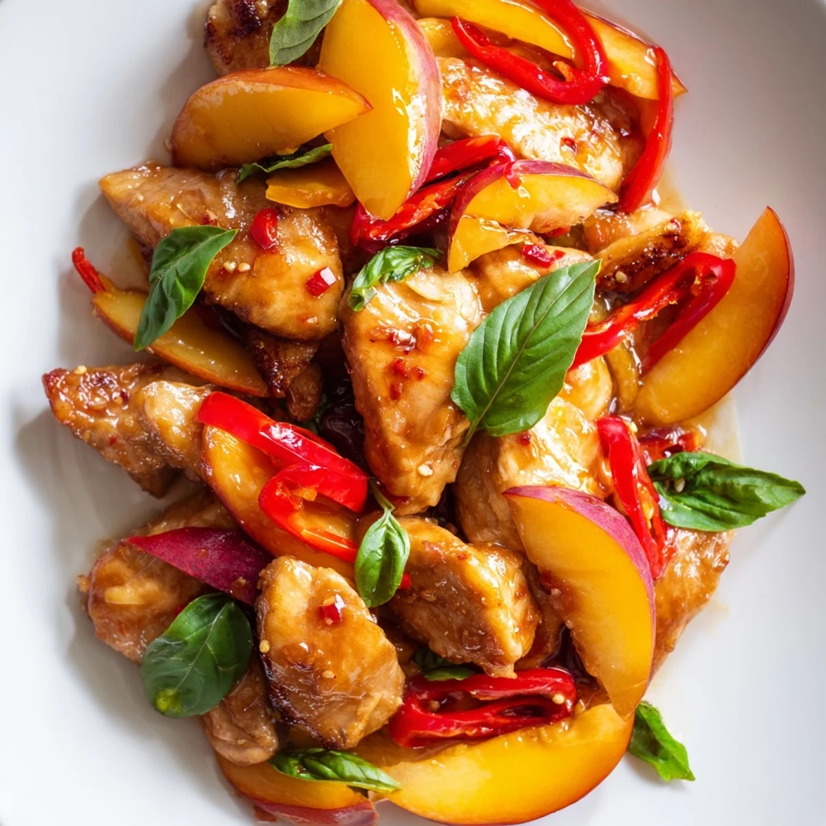 Golden Thai peach chicken with tender meat and colorful bell peppers in fragrant sweet-spicy sauce