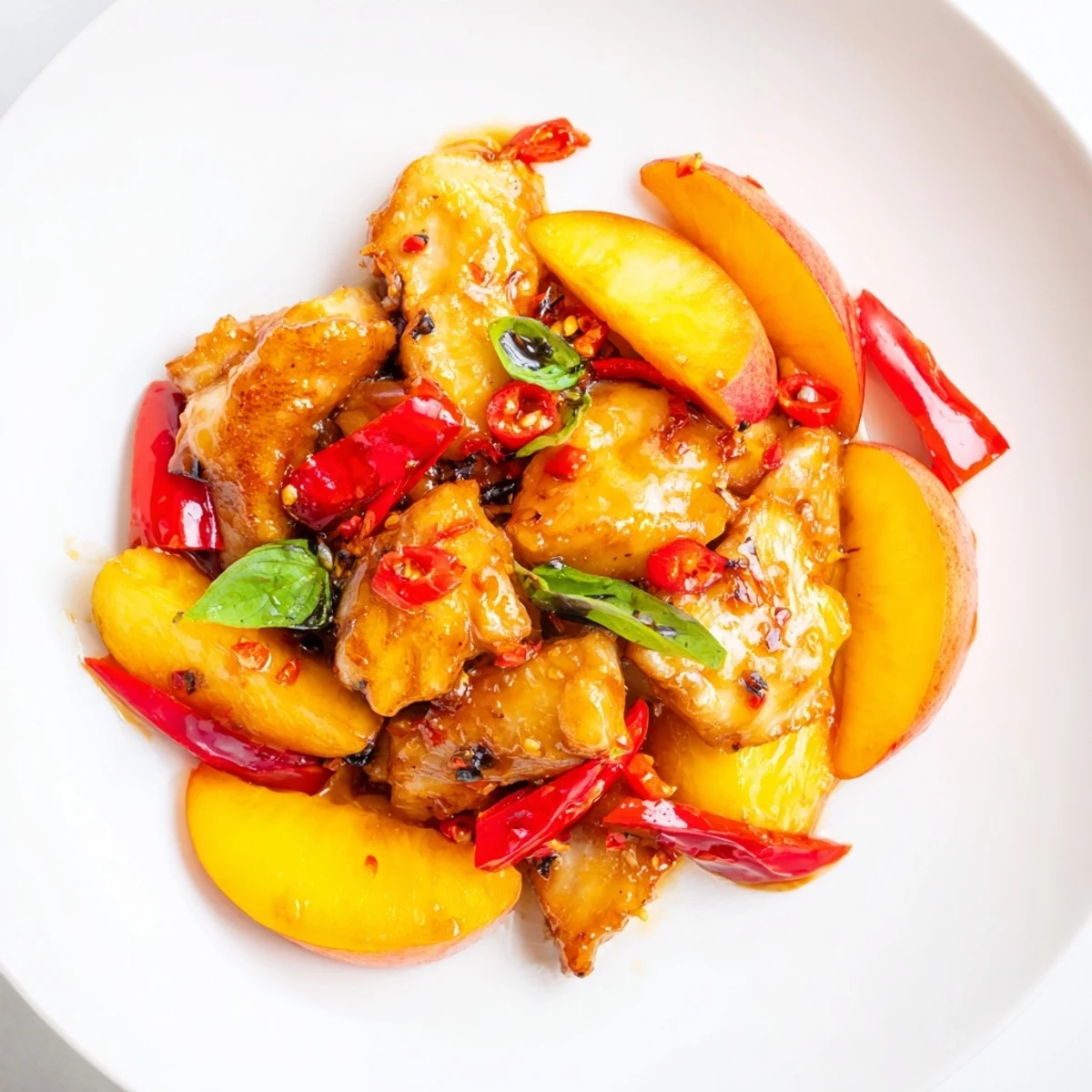 Juicy chicken thighs simmered with ripe peaches and vegetables in glossy Thai inspired glaze