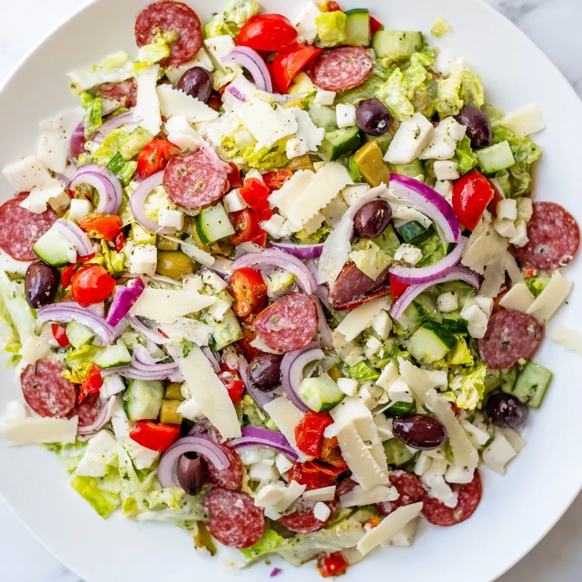 Vibrant bowl of Italian chopped salad with roasted red peppers, Genoa salami, and cubed mozzarella coated in herb dressing.