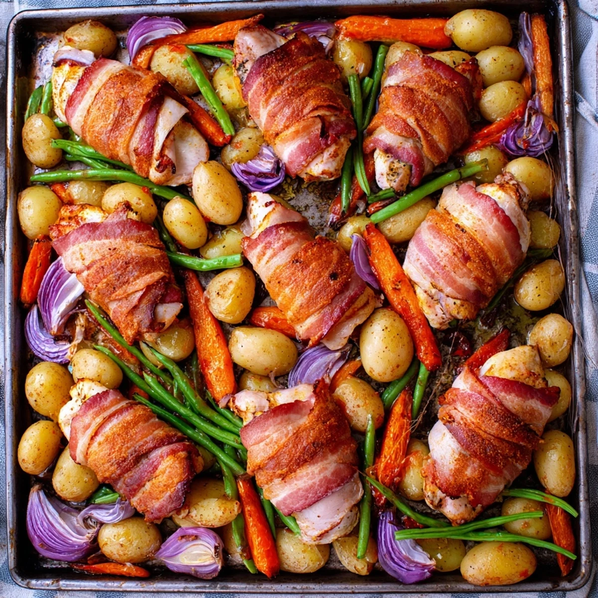 Golden bacon wrapped chicken thighs roasted with colorful vegetables on a metal baking tray