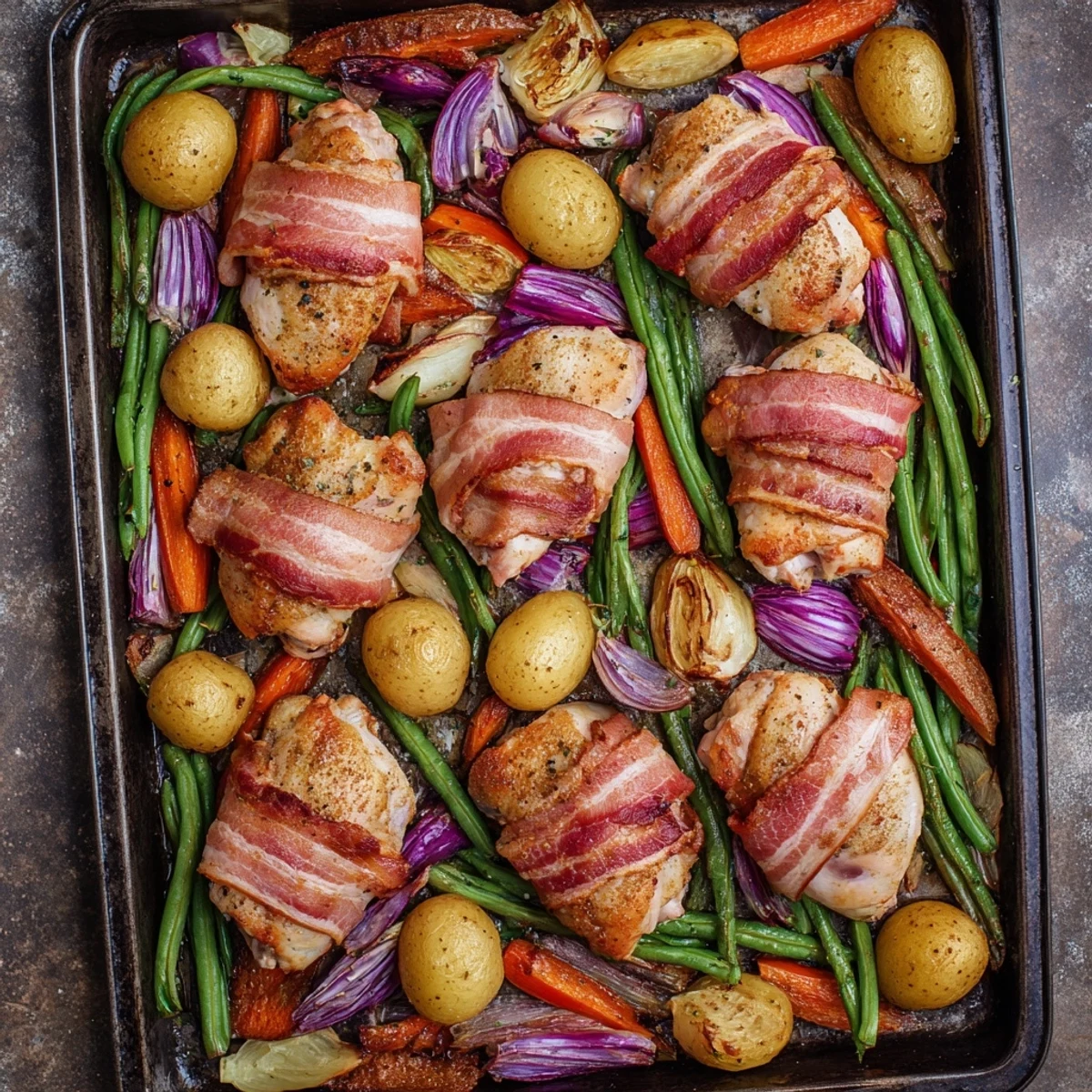 One pan bacon wrapped chicken thighs with tender vegetables ready for family dinner service