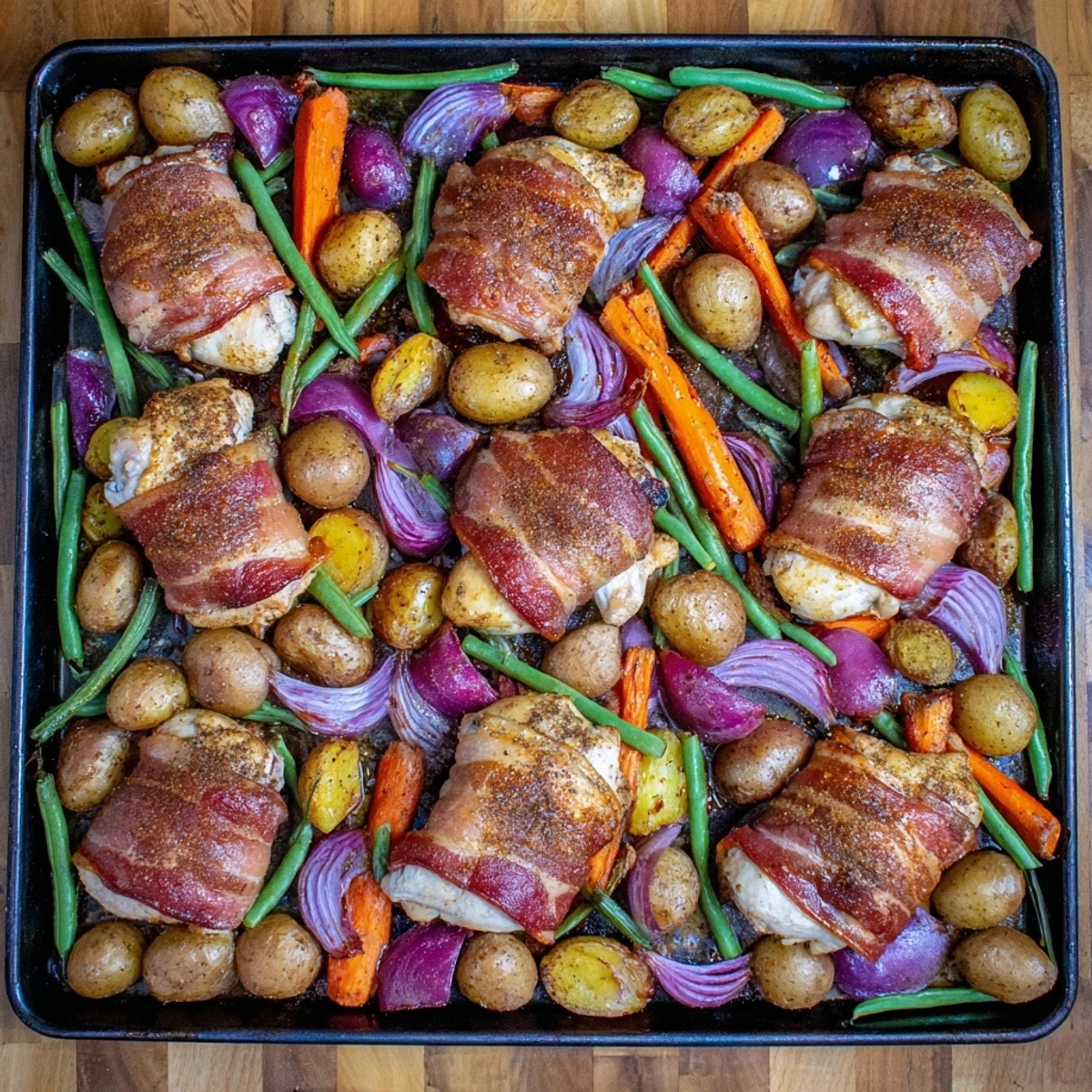 Crispy bacon encased juicy chicken thighs arranged beside roasted potatoes carrots and green beans