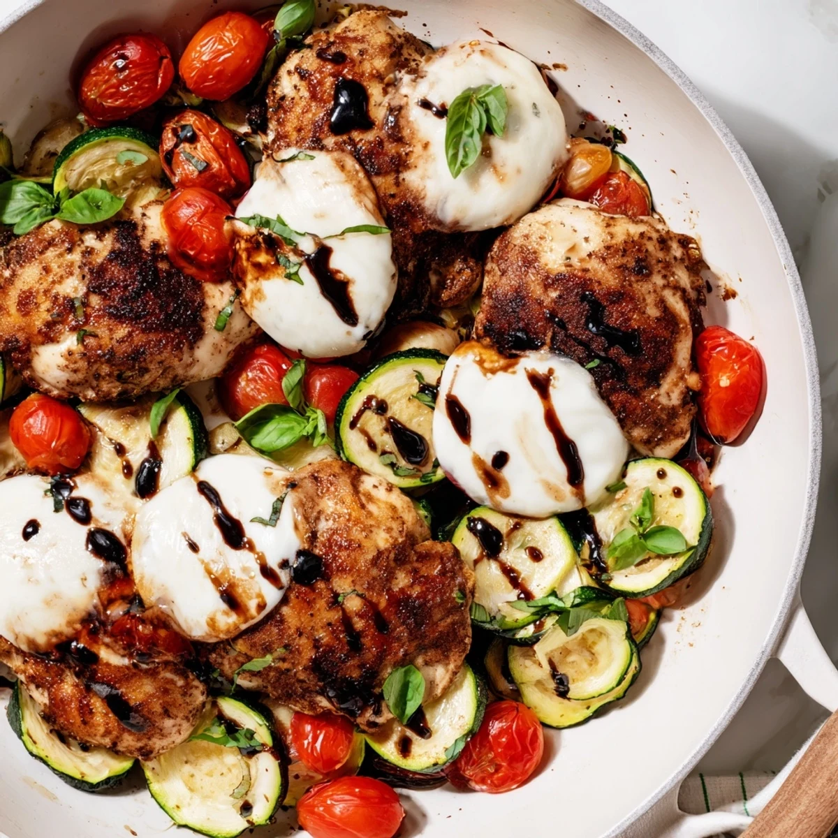 Golden brown Caprese chicken skillet with melted mozzarella over zucchini and cherry tomatoes