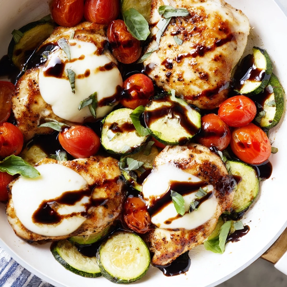 One-pan Caprese chicken with zucchini topped with bubbling mozzarella and fresh basil leaves