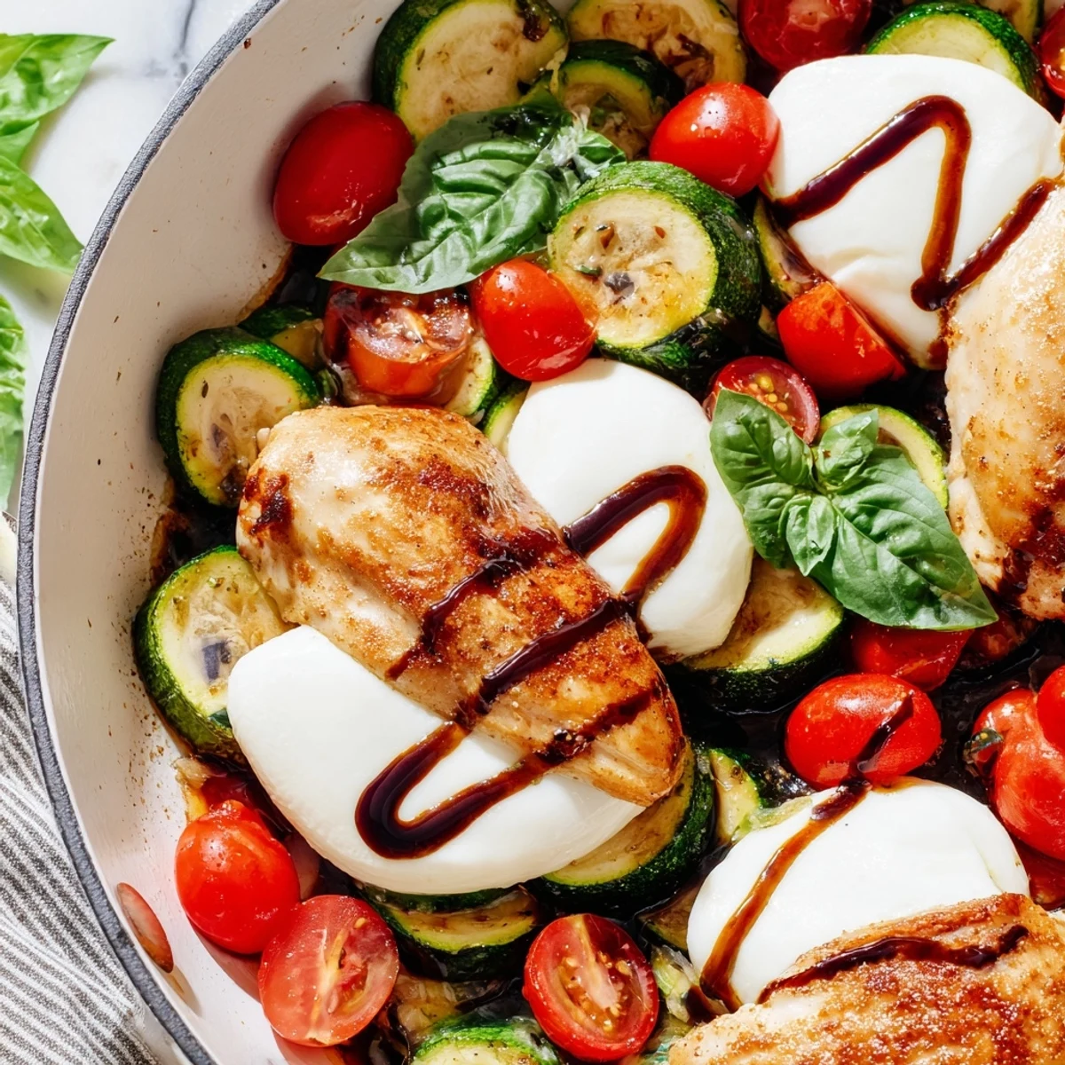 Savory Caprese chicken nestled among tender zucchini slices and juicy tomatoes in a skillet