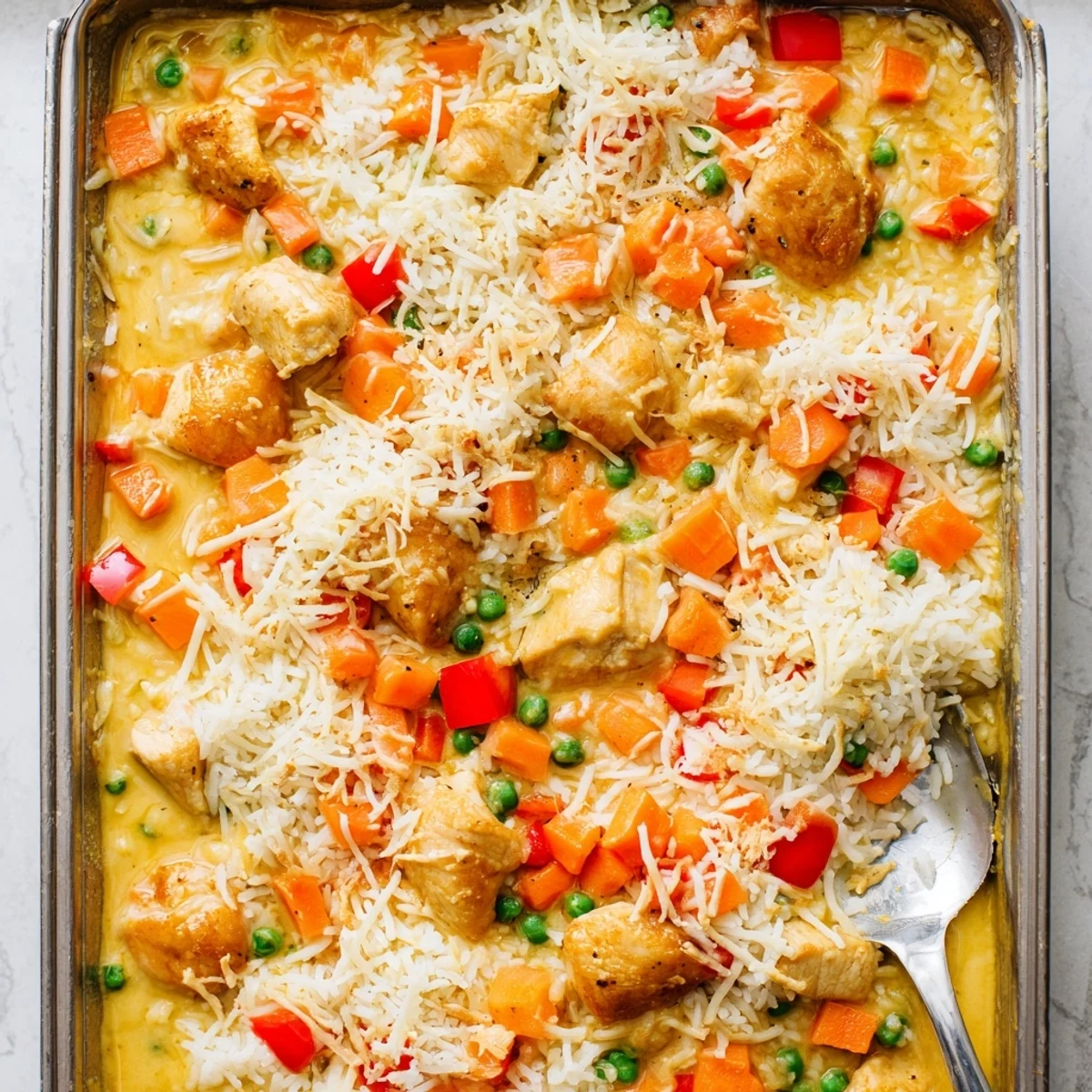 Golden bubbly Macau Style Baked Portuguese Chicken Rice with melted cheese over tender chicken pieces in creamy coconut curry sauce