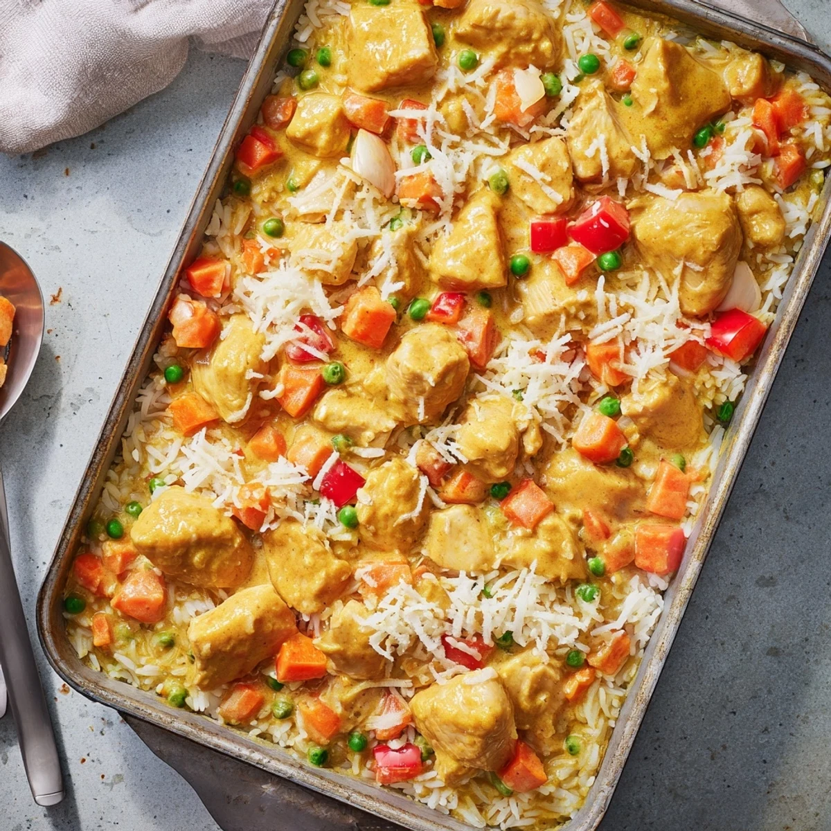 Steamy baking dish of Macau Style Baked Portuguese Chicken Rice featuring colorful vegetables and aromatic spices under a crispy cheese crust