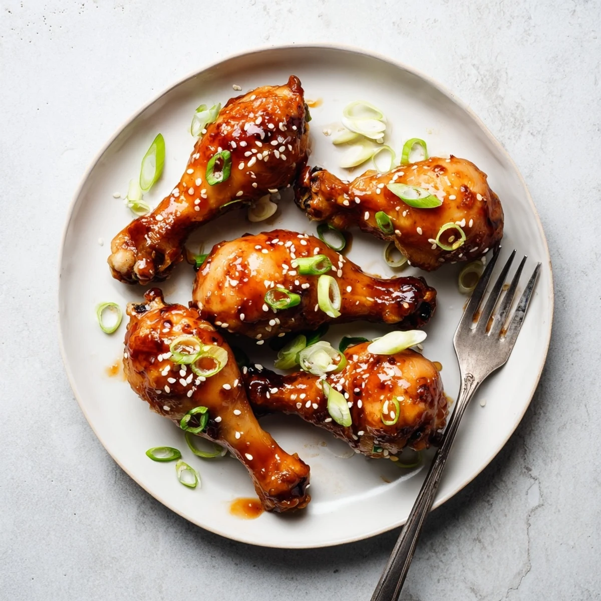 Juicy chicken drumsticks slow-cooked in Asian glaze featuring sticky soy honey coating and white sesame seeds