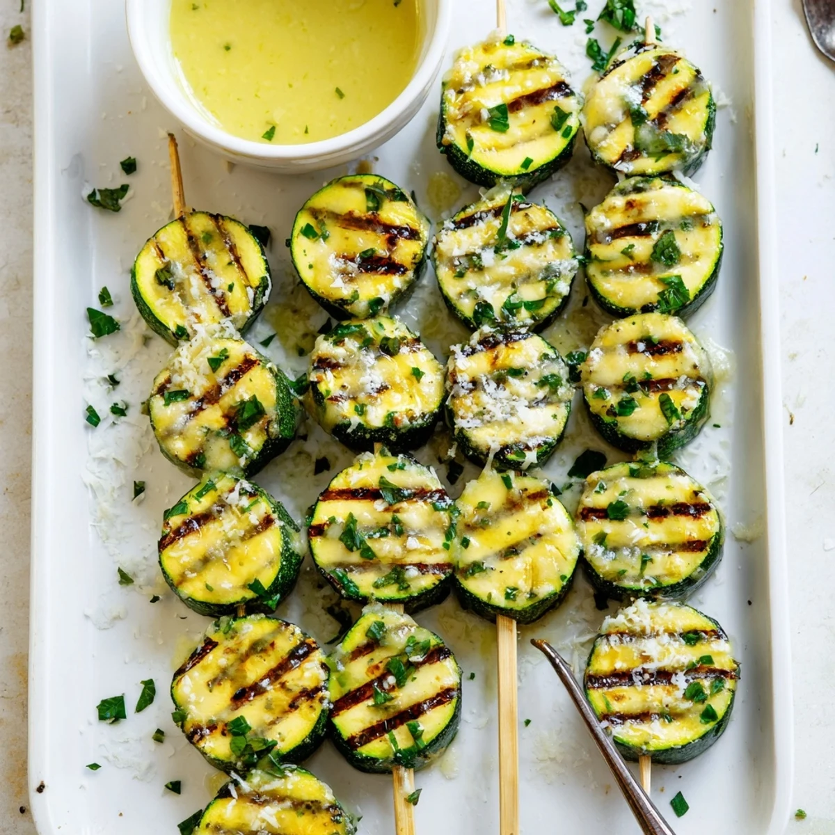 Tender Easy Garlic Butter Zucchini Skewers displaying attractive char marks and brushed with savory herb butter coating