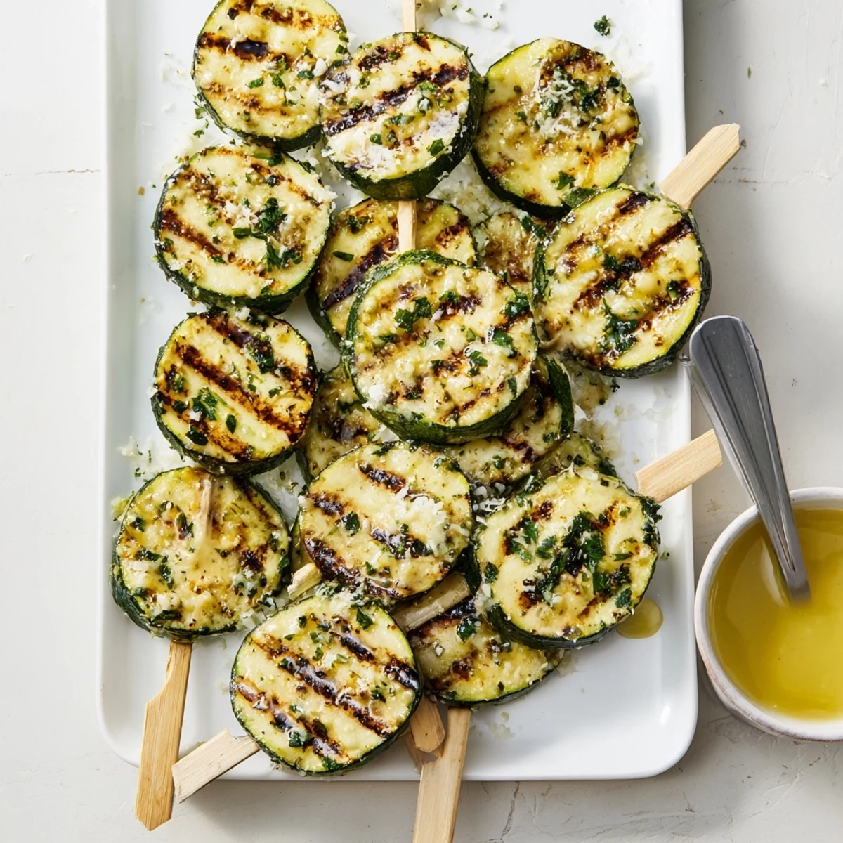 Golden grilled zucchini rounds threaded on skewers with melted garlic butter glaze and fresh parsley garnish