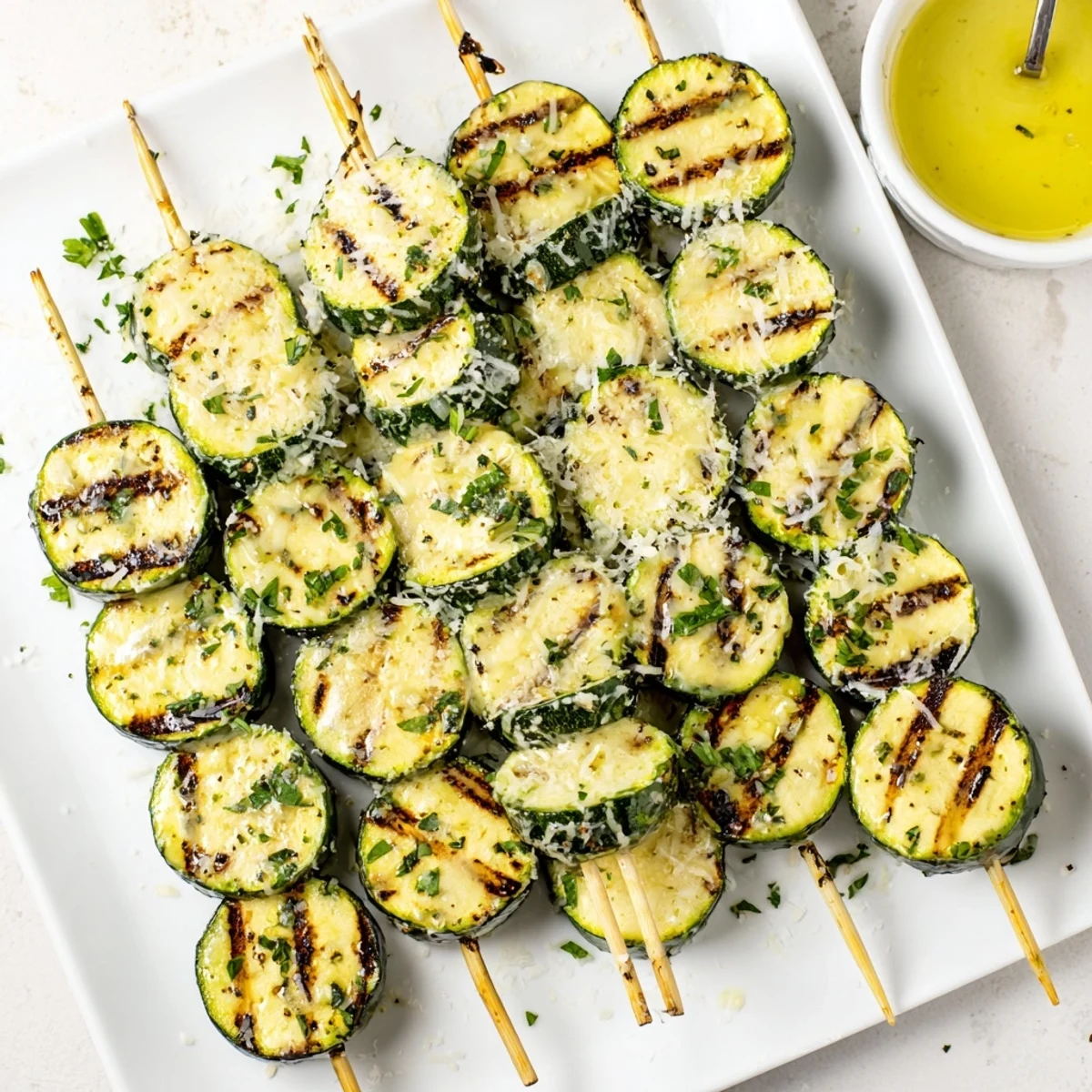 Fresh zucchini pieces on wooden skewers grilled to perfection and coated in rich garlic butter sauce