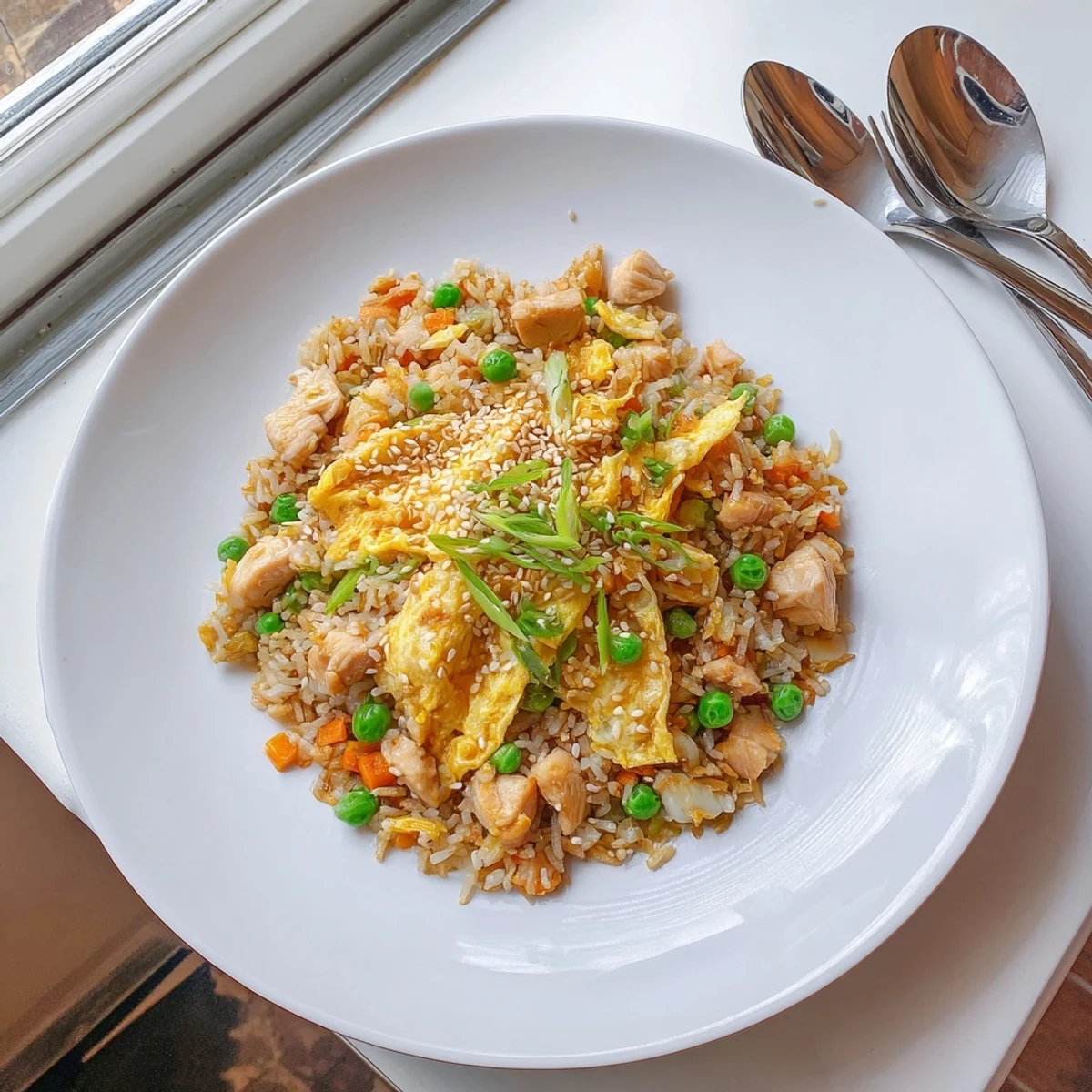 Golden chicken fried rice topped with thin egg omelette ribbons and colorful vegetables in a serving bowl.