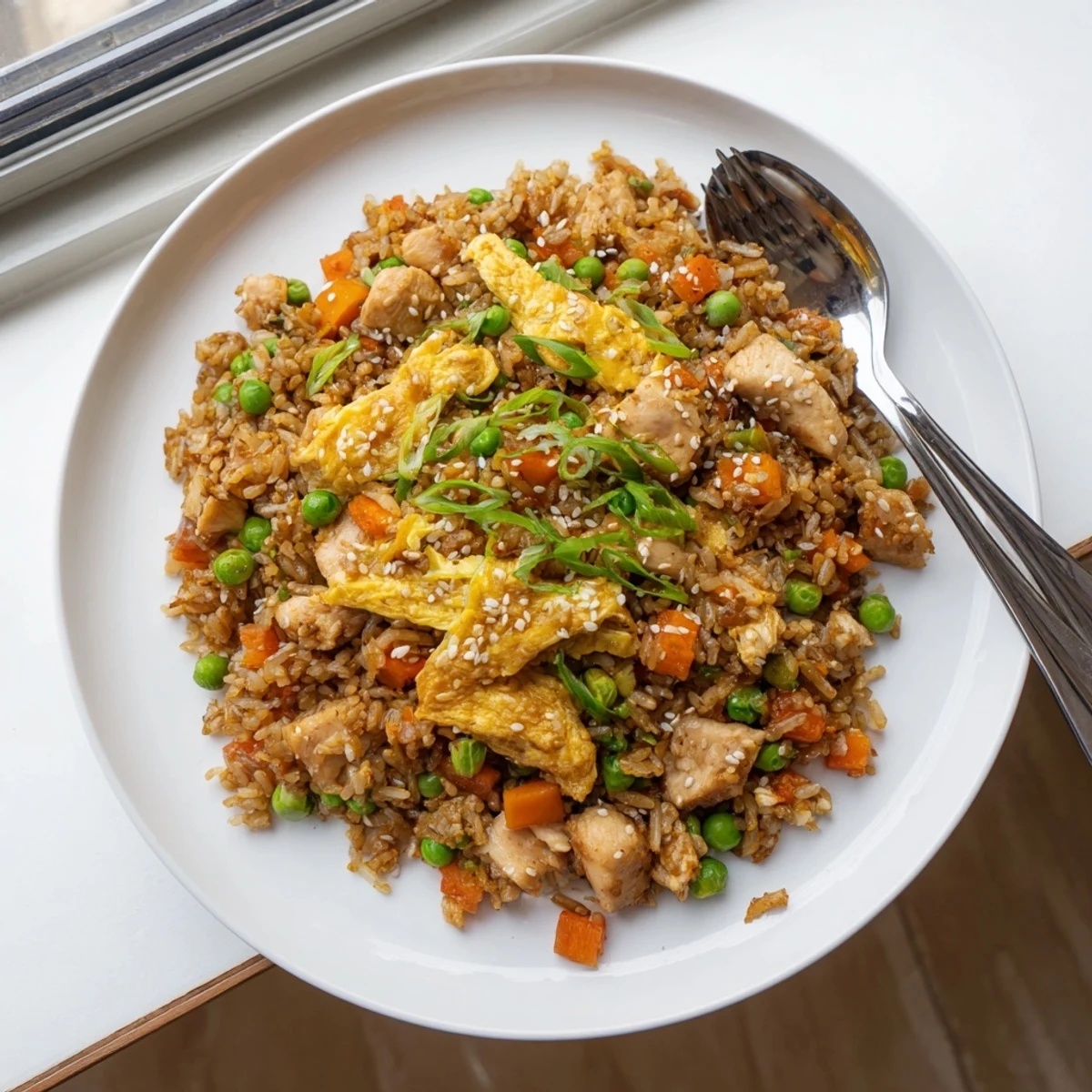 Savory stir-fried chicken fried rice dish plated with tender meat, peas, carrots, and rolled egg omelette ribbons.