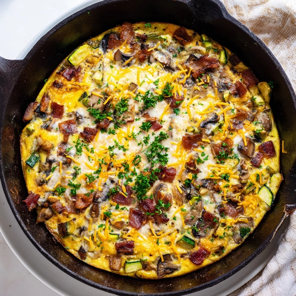 Golden mushroom zucchini and bacon family frittata baked until puffed and golden with melted cheddar