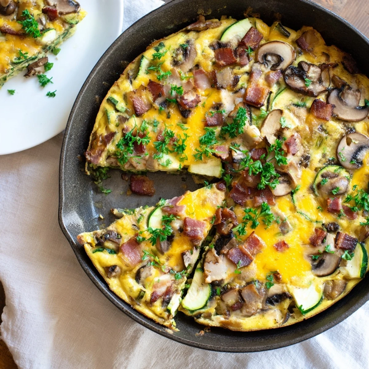 Savory skillet breakfast frittata loaded with smoky bacon fresh zucchini and tender cremini mushrooms
