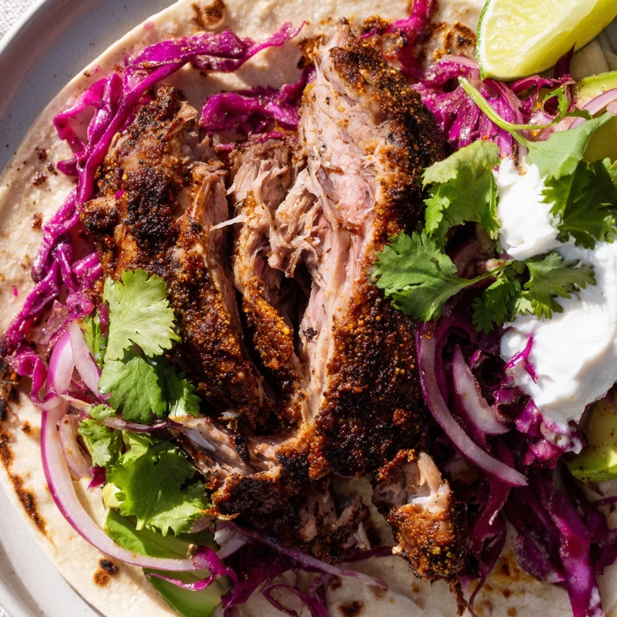 Golden roasted leg of lamb with fragrant spices served in warm tortillas