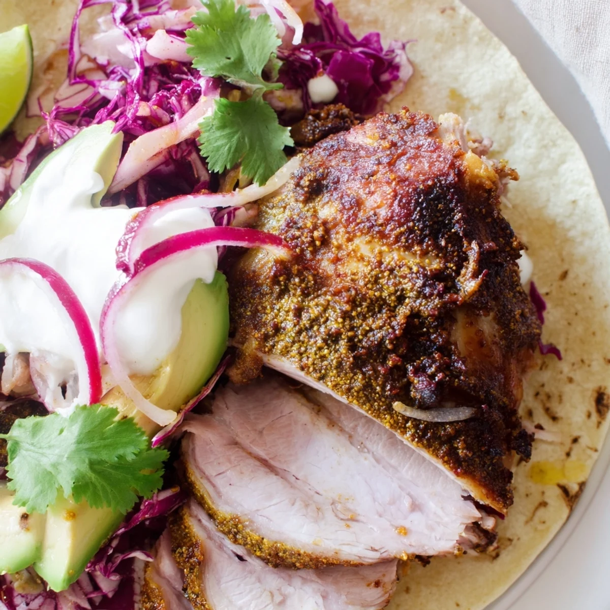 Tender spice rubbed lamb meat nestled in soft tacos with vibrant cabbage slaw