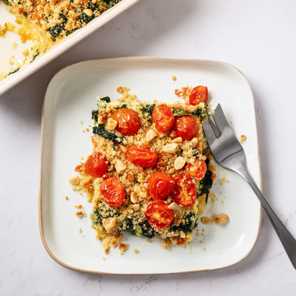 Vegetarian Mediterranean casserole featuring tender spinach juicy cherry tomatoes and toasted pine nuts in cream
