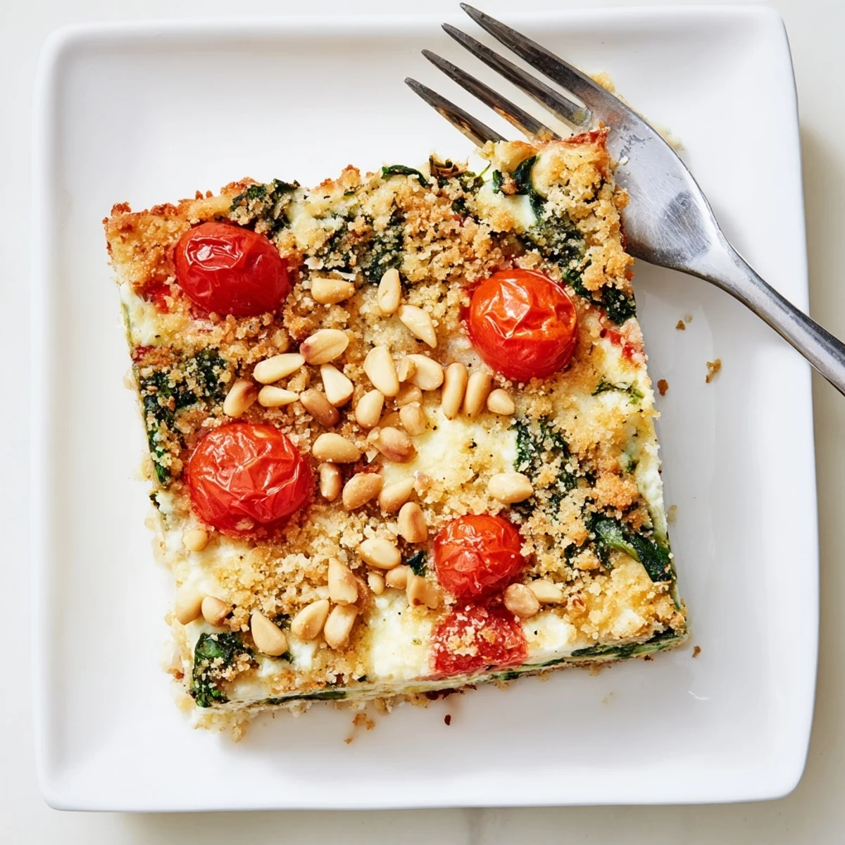 Creamy tomato spinach bake topped with golden melted parmesan and crunchy pine nut garnish