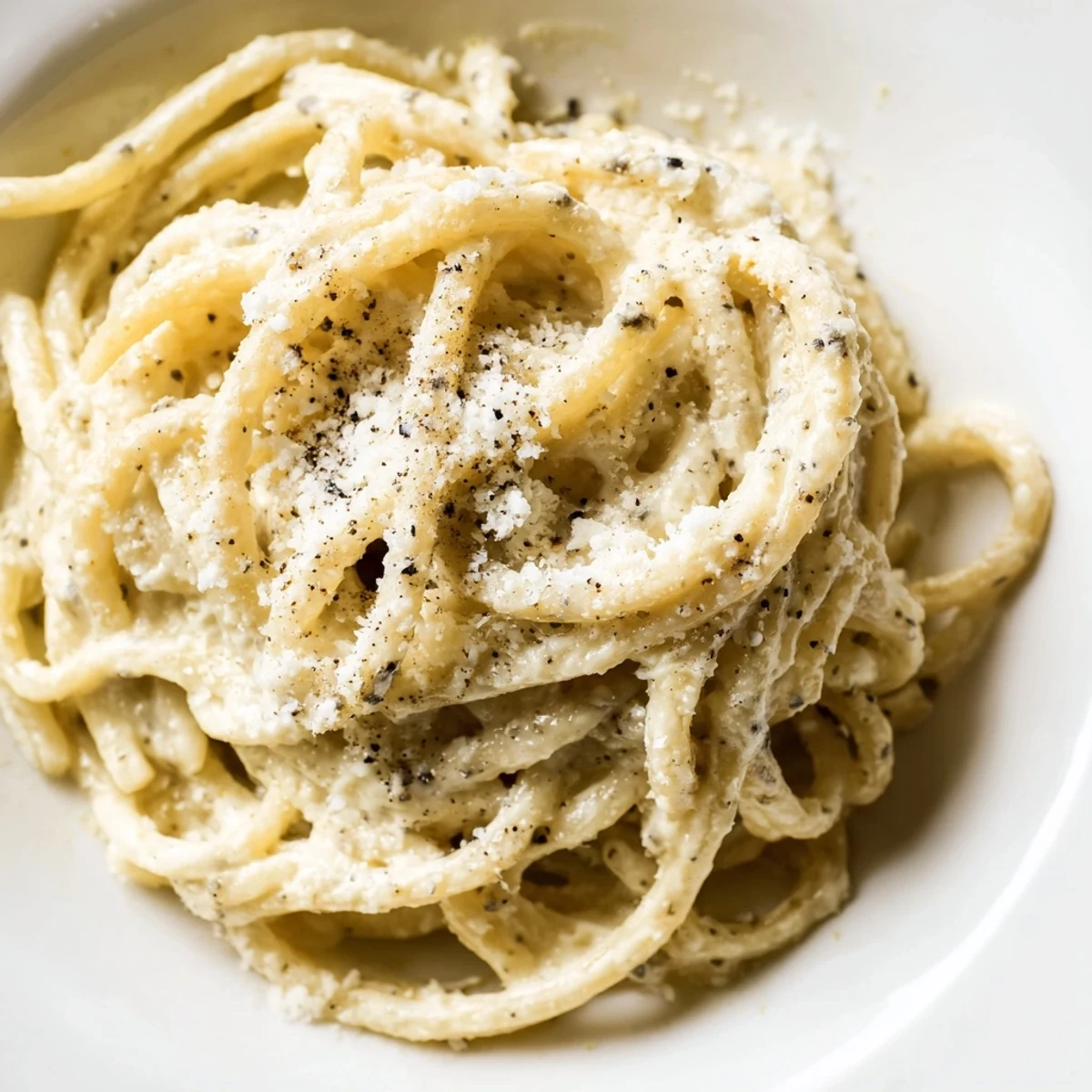 Creamy Cacio e Pepe pasta coated in glossy Pecorino Romano sauce with freshly cracked black pepper