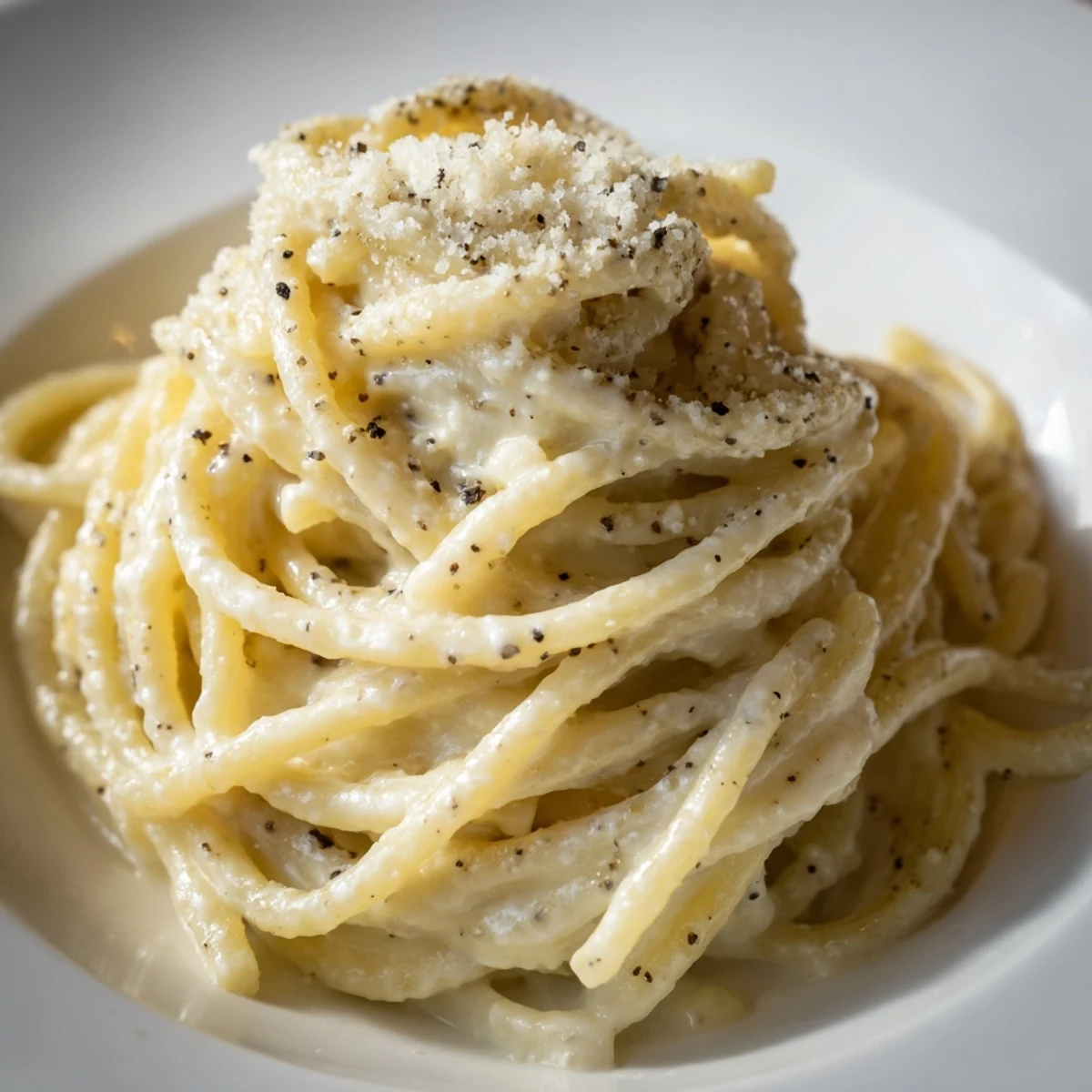 Twirled spaghetti tossed in velvety cheese sauce topped with generous Pecorino and aromatic black pepper