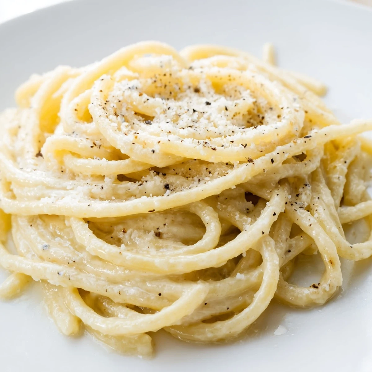 Golden Cacio e Pepe dish featuring silky noodles with melting Roman cheese and spicy pepper finish