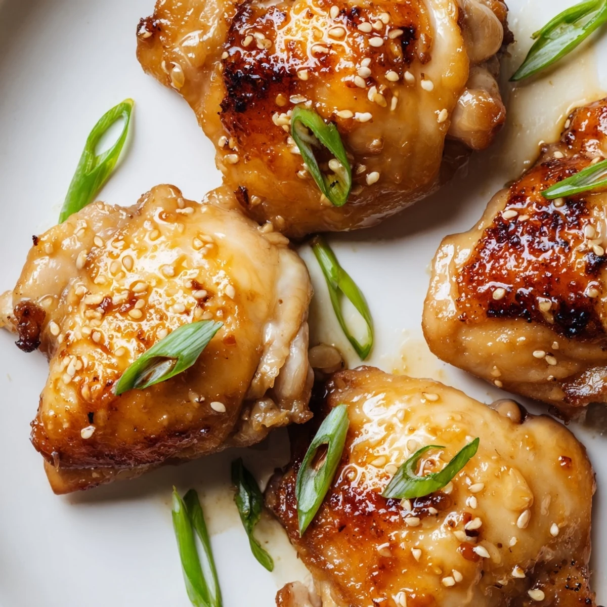 Juicy oven-baked Five Spice Chicken thighs garnished with fresh scallions and sesame seeds