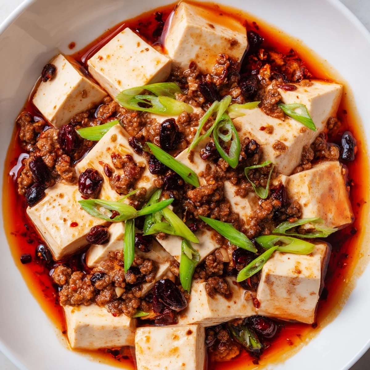 Golden Mapo Tofu garnished with fresh scallions over steaming white rice