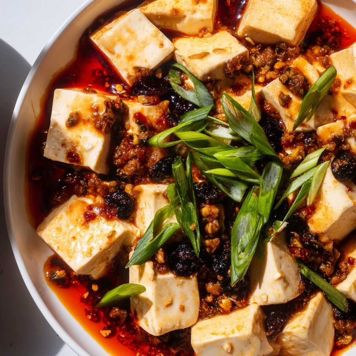 Silken tofu cubes and ground pork swim in a spicy Sichuan peppercorn sauce
