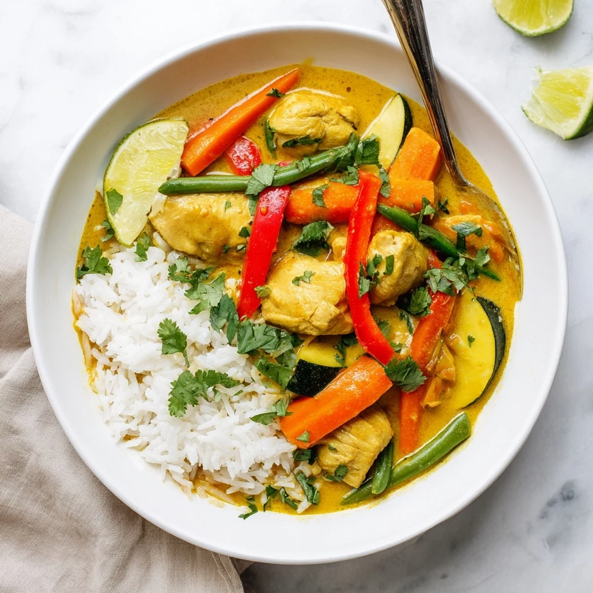Golden yellow curry sauce coats tender chicken and colorful vegetables in a rich coconut broth
