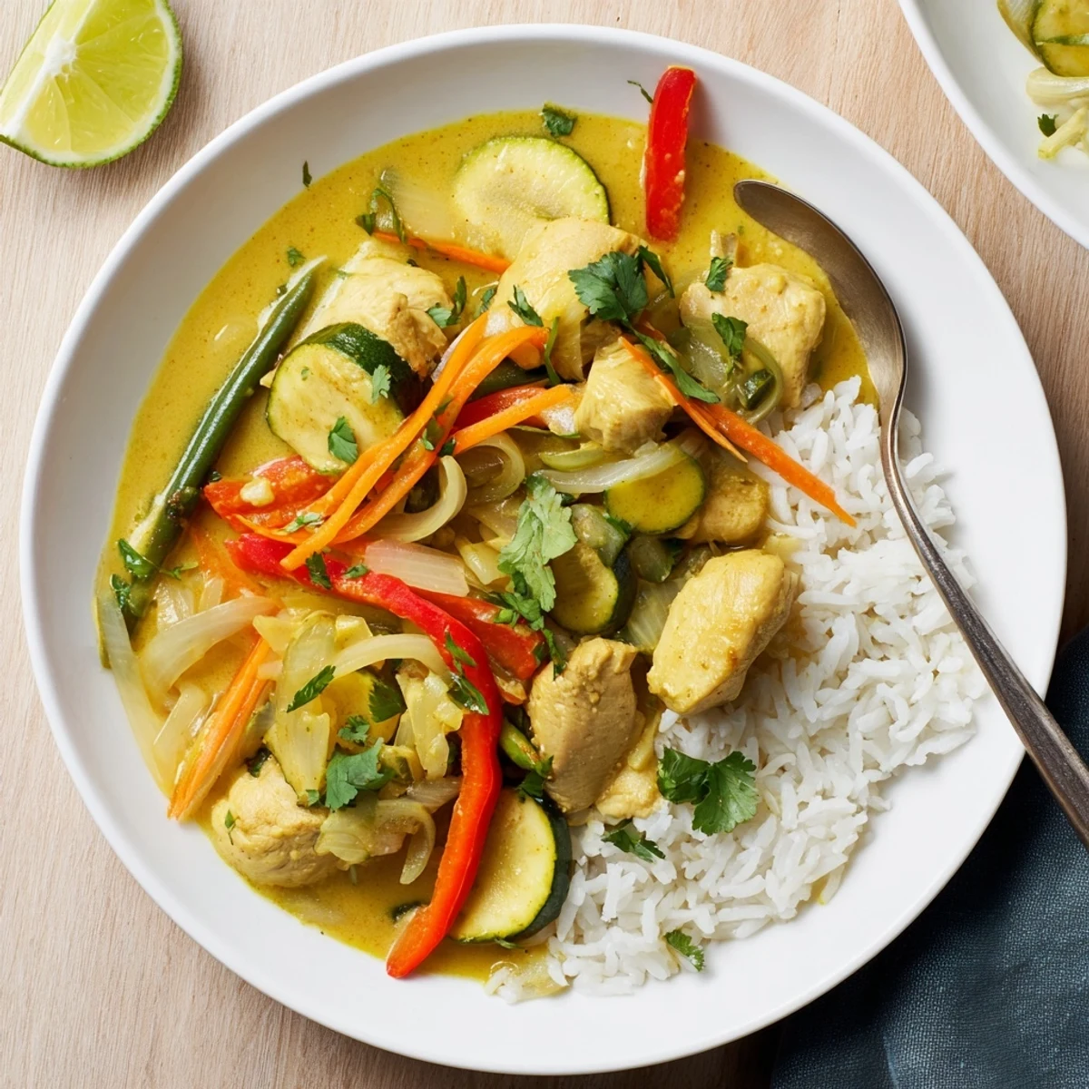 Creamy Thai yellow jungle chicken curry simmered with fresh vegetables and aromatic herbs