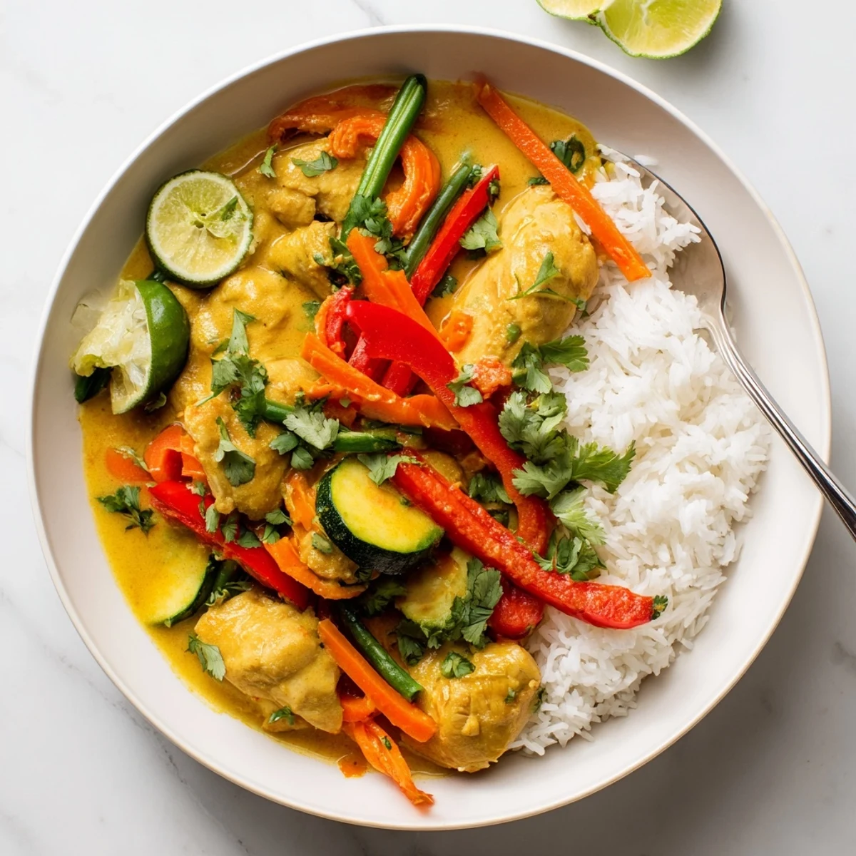 Vibrant yellow curry chicken bowl garnished with cilantro and served over steamed jasmine rice