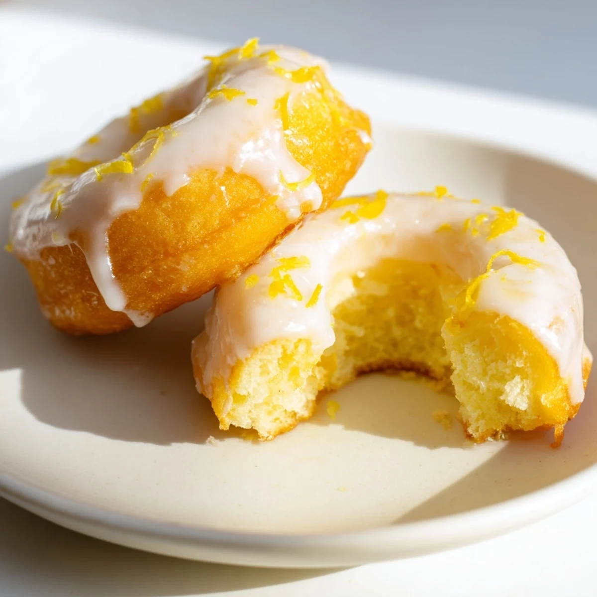 Chewy gluten-free lemon mochi donuts dripping with zesty lemon glaze on a wire rack