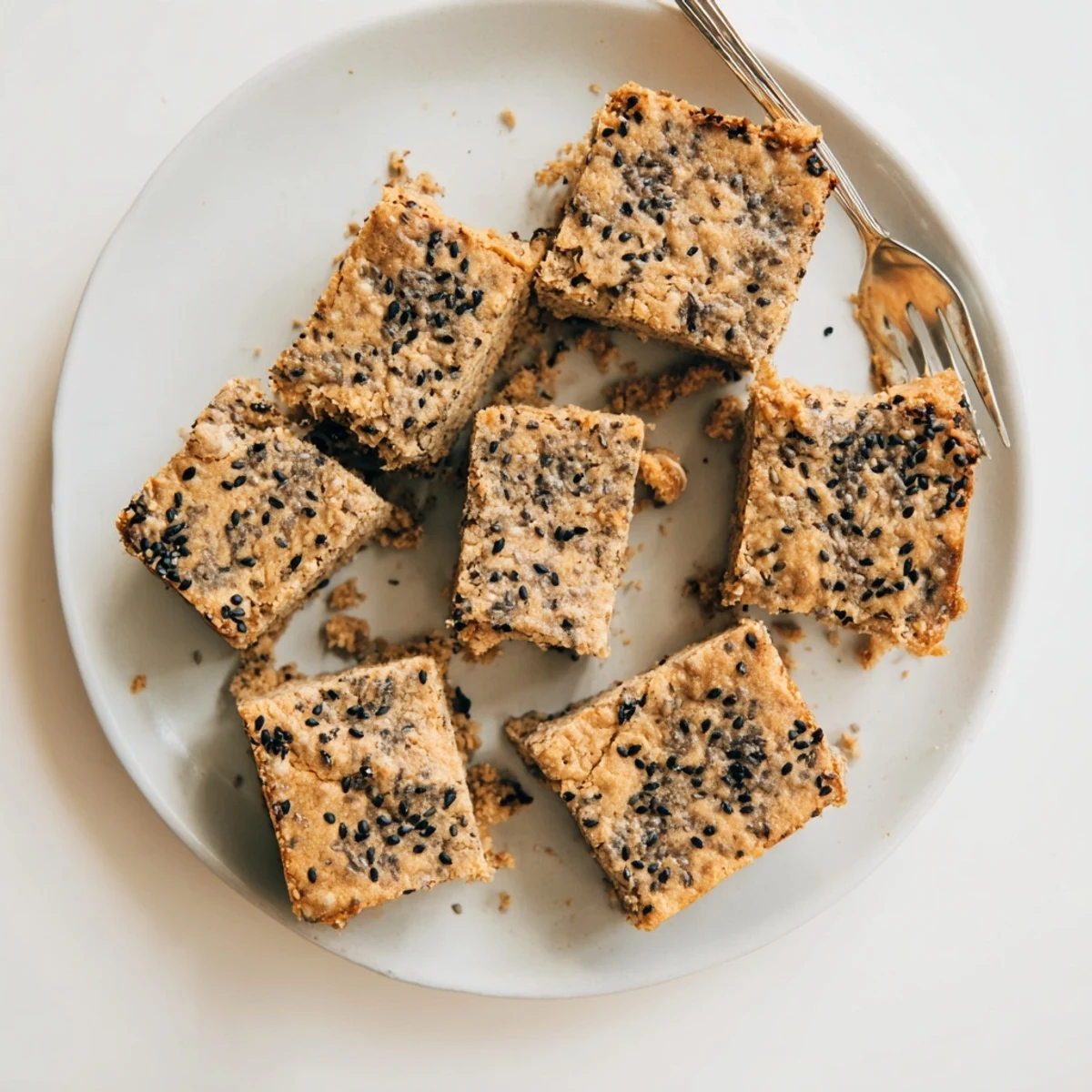 Chewy black sesame blondies topped with toasted seeds on a white plate.