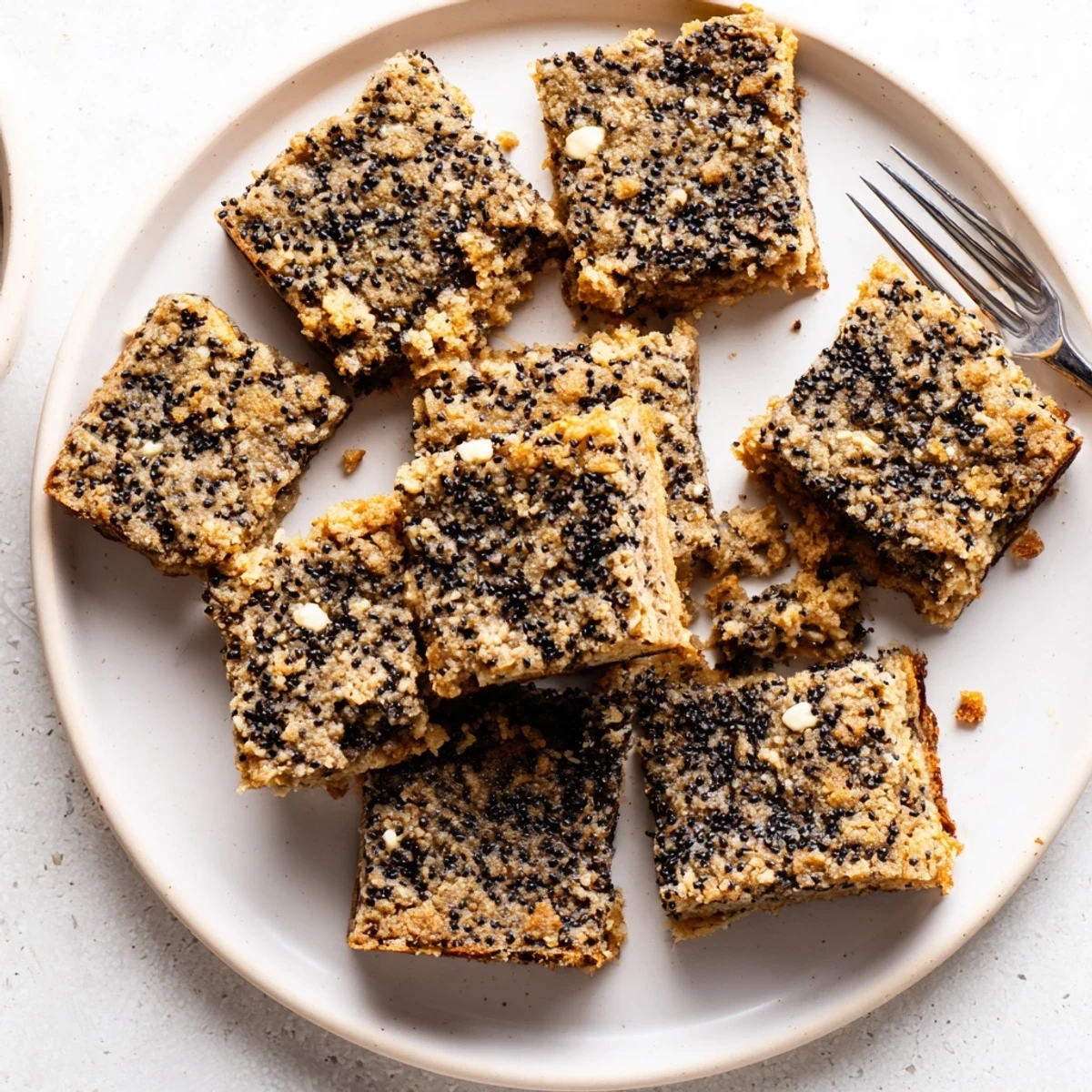 Golden black sesame blondies cut into squares with speckled nutty swirls throughout.