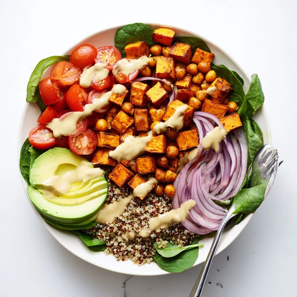 Golden roasted sweet potatoes and crispy chickpeas drizzled with creamy tahini dressing in this hearty sweet potato bowl