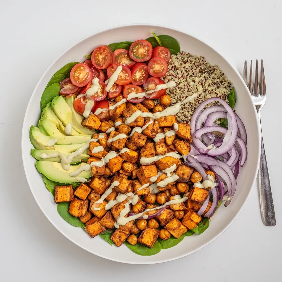 Colorful hearty sweet potato bowl layered with fresh spinach, avocado, and protein-rich chickpeas topped with tahini
